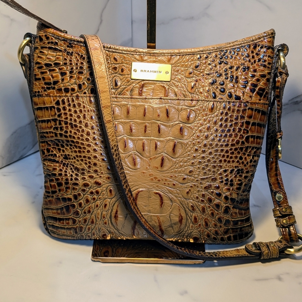 BRAHMIN Jody Croc Embossed Toasted Almond Crossbody